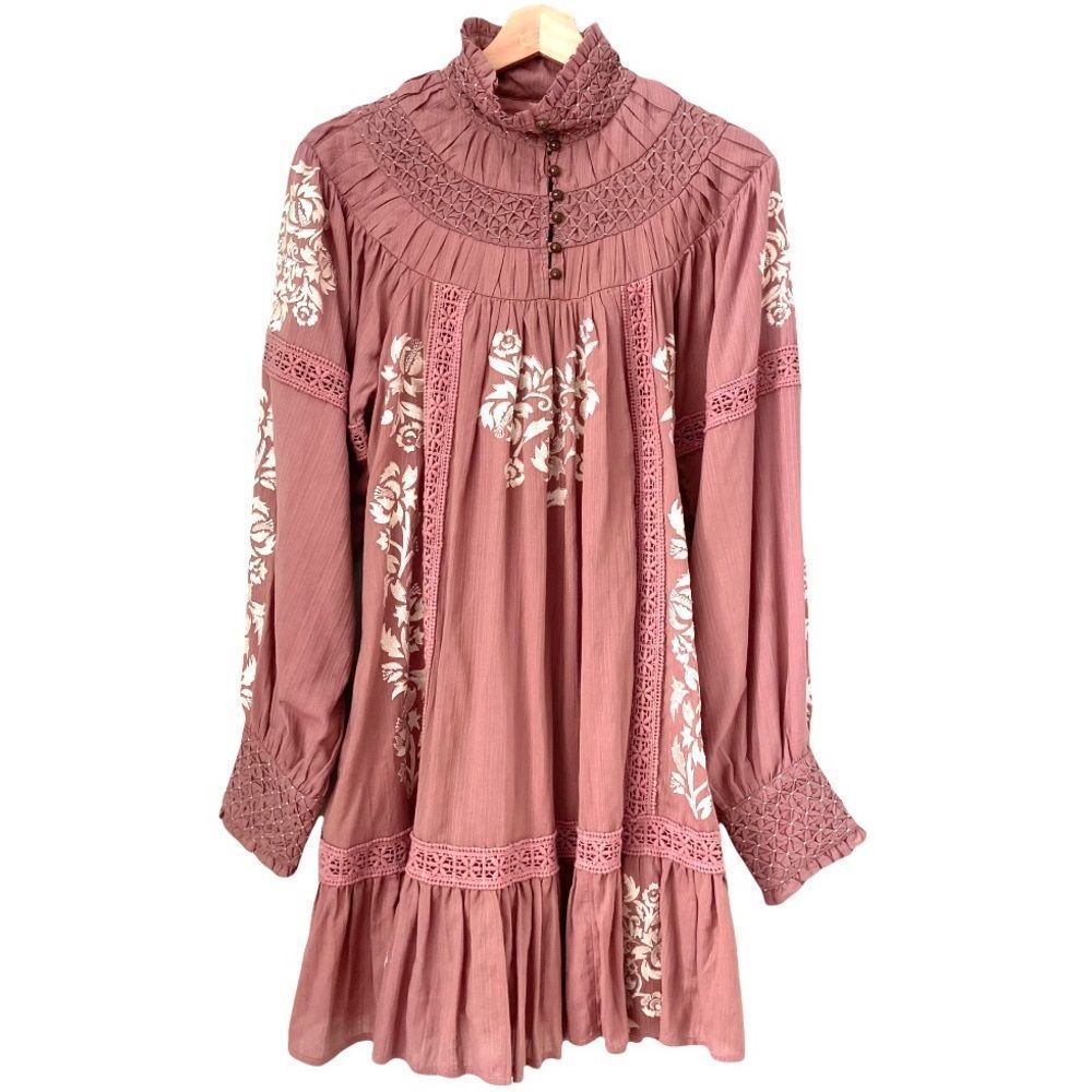 Anthropologie Mauve Pink Floral Crochet-Trim Mini Dress